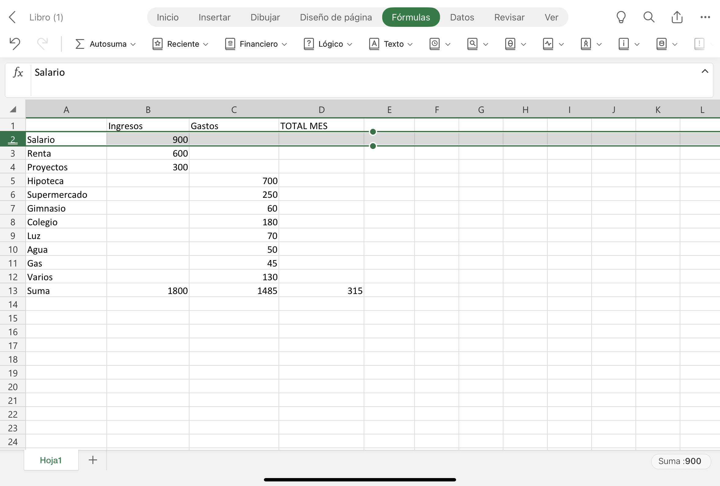 Imagen de una fila Excel.