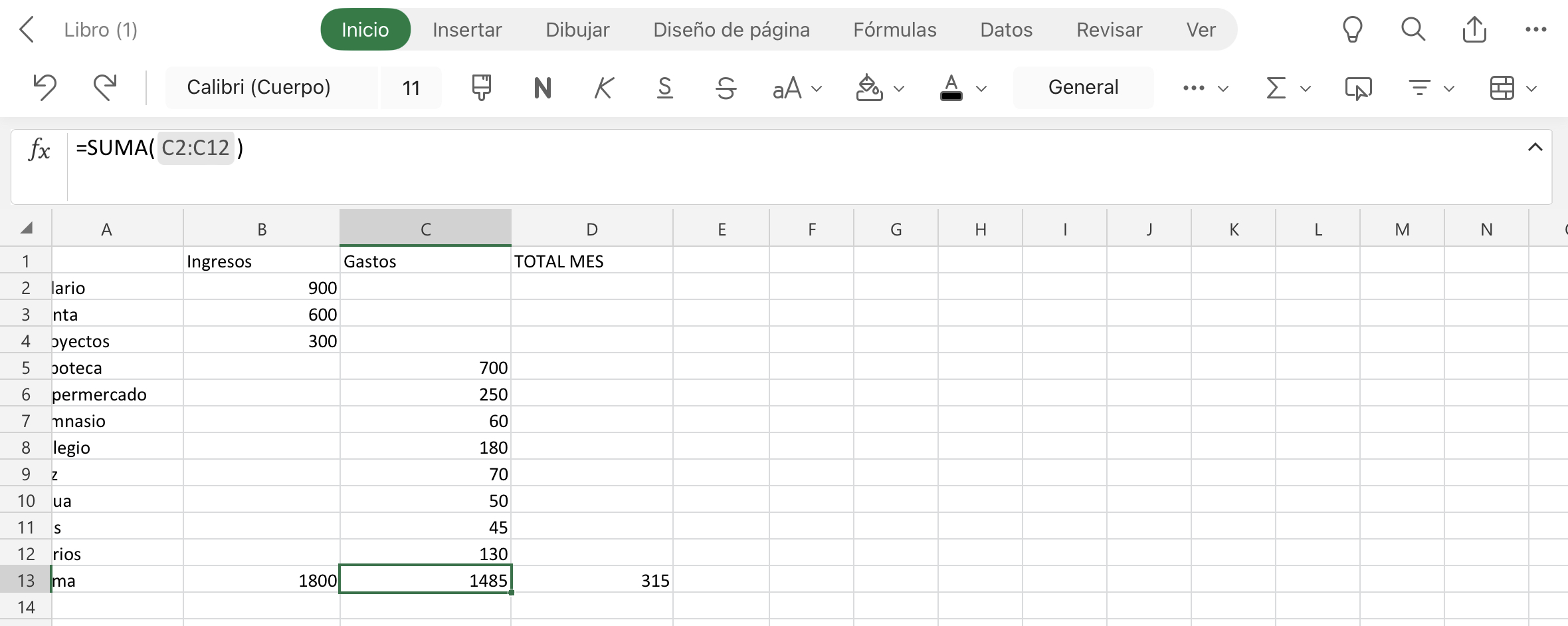 Imagen de la fórmula de suma en Excel.