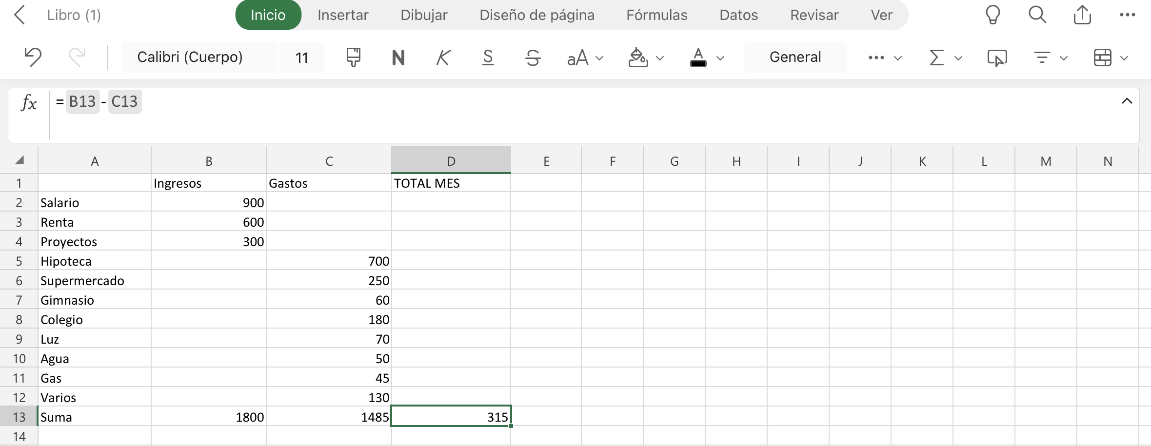 Imagen de una resta en Excel.
