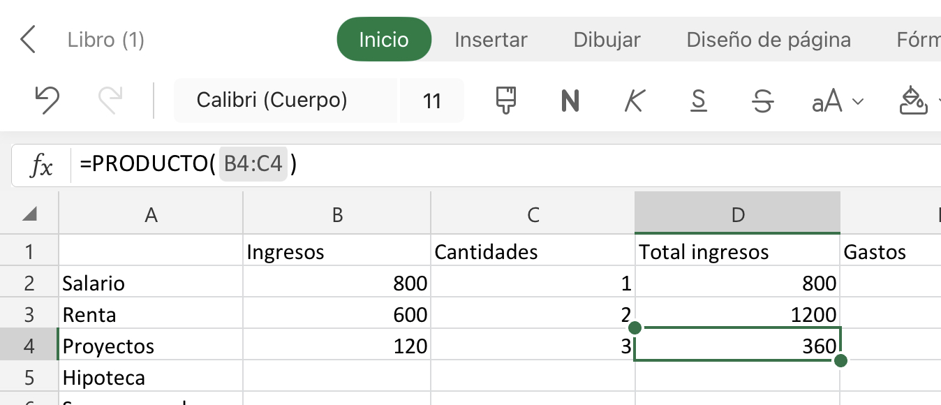Imagen de una multiplicación en Excel.