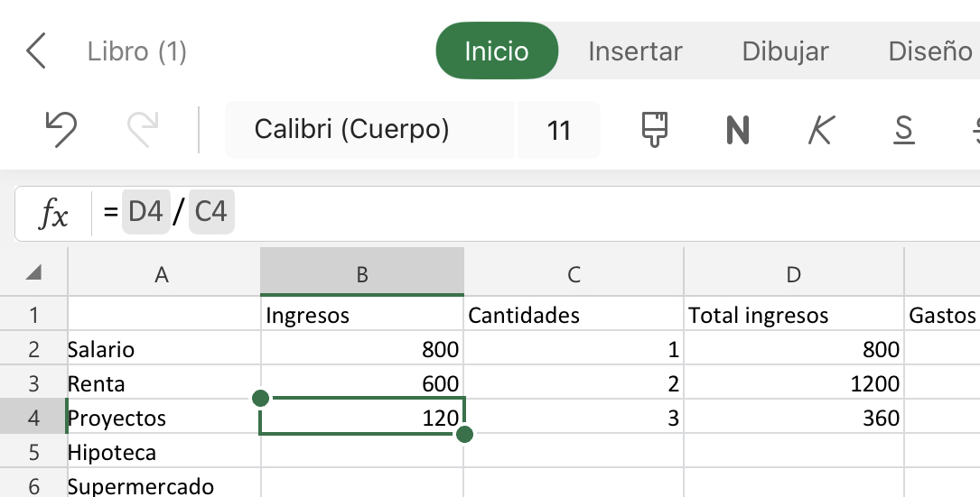 Imagen de división en Excel.